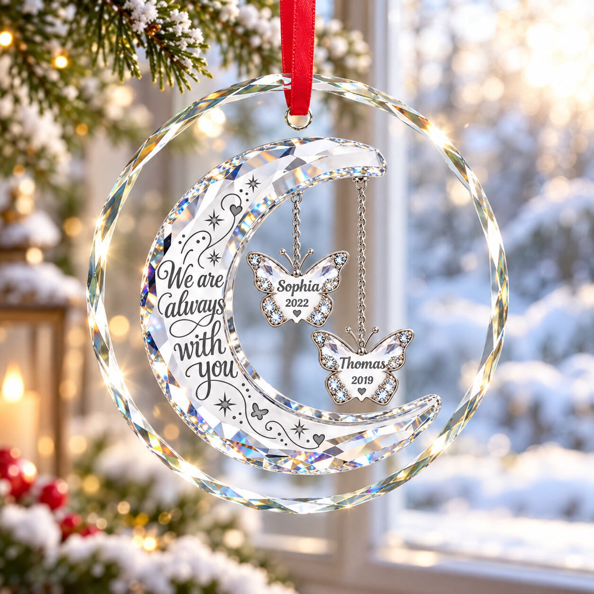 Always With You Memorial Crystal Moon & Butterfly Ornament 2D Flat - Personalized Glass Ornament - Sympathy Gift