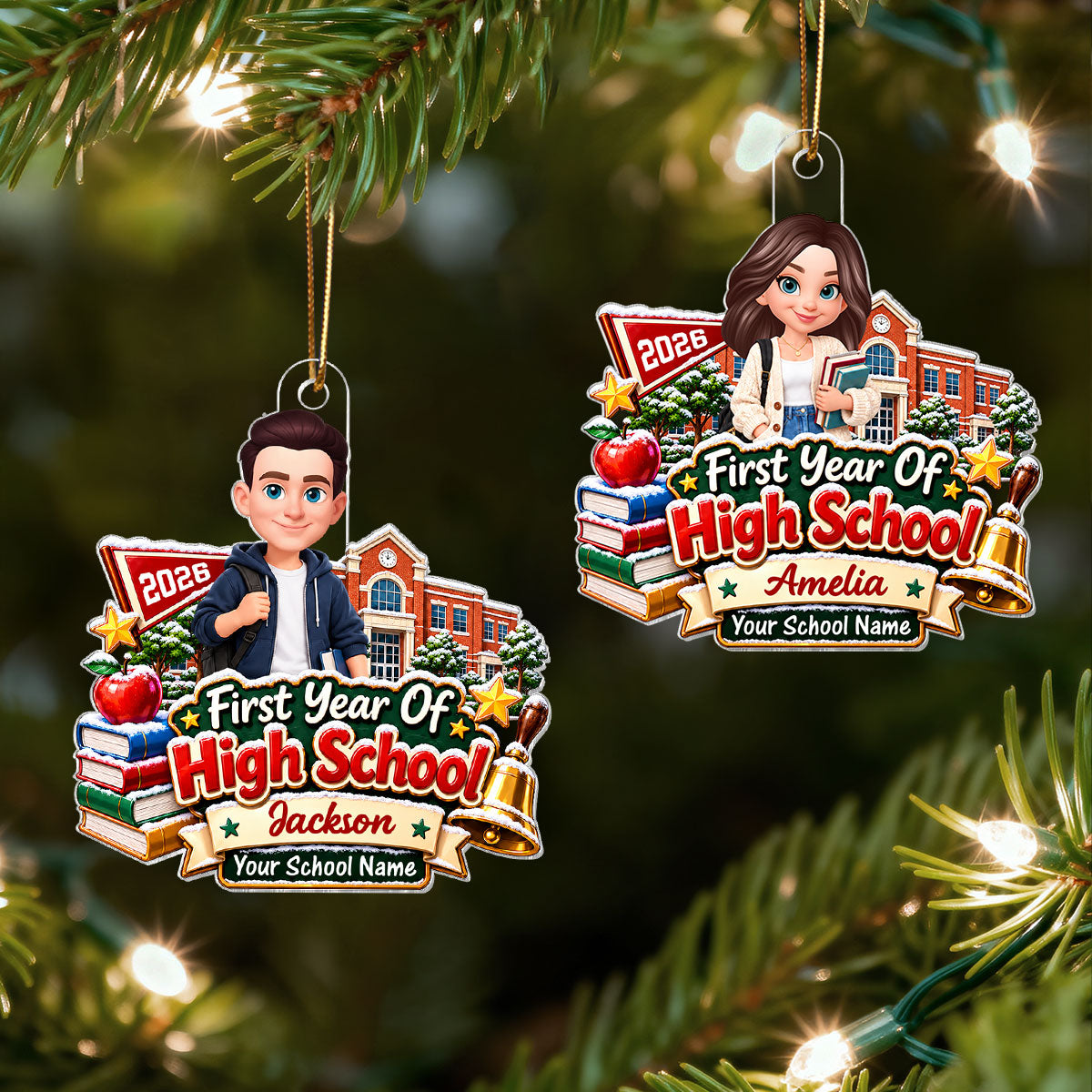 First Year Of High School Snowy Schoolhouse - Personalized Acrylic Ornament - Christmas Gift For Freshman, Son, Daughter, Grandkids