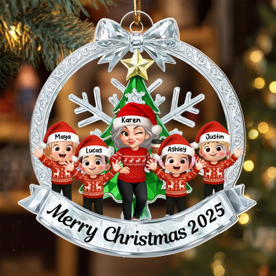 Grandma Grandkids Sitting on Christmas Wreath Metallic Effect - Personalized Acrylic Ornament - Christmas Gift for Grandma