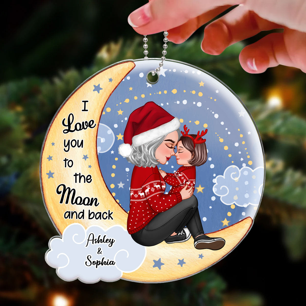 Grandma Grandkid On Yellow And Blue Moon Personalized Acrylic Ornament