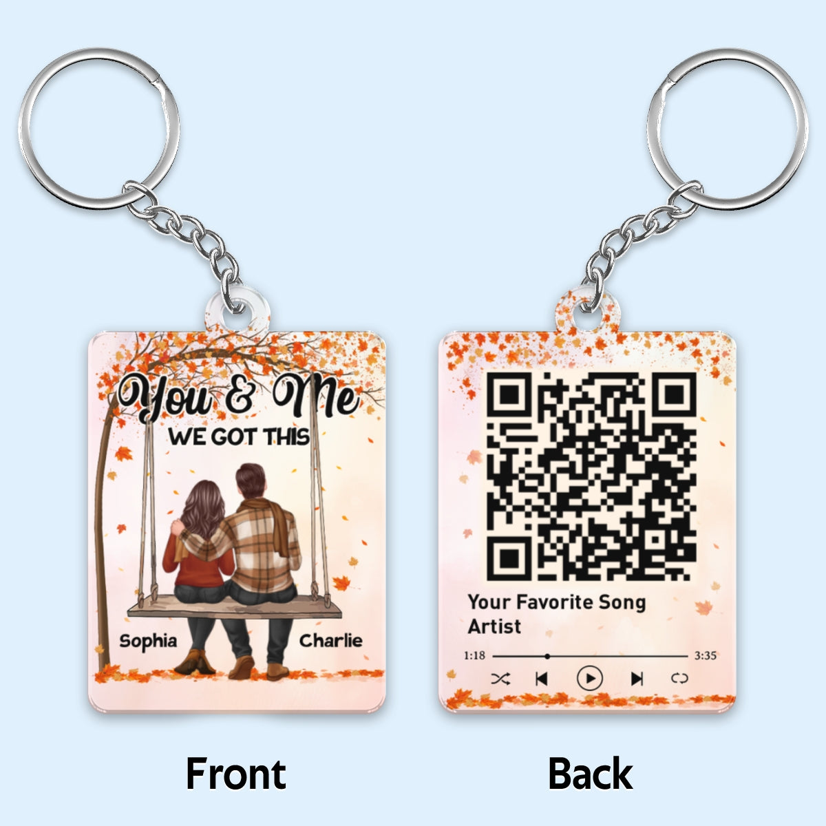 Fall Season Couple Sitting On Swing Back View Favorite Song QR Code Personalized Acrylic Keychain