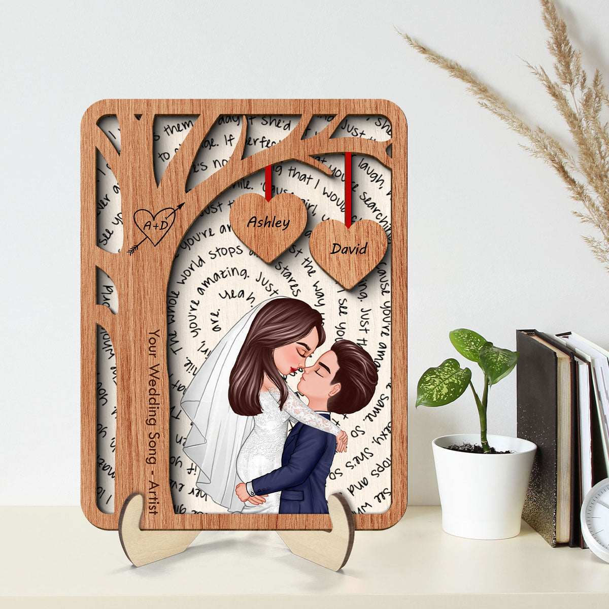 Couple Kissing Under Tree Custom Vinyl Lyrics Personalized Music 2-Layered Wooden Plaque, Wedding Song Dance,  Gift for her & for him