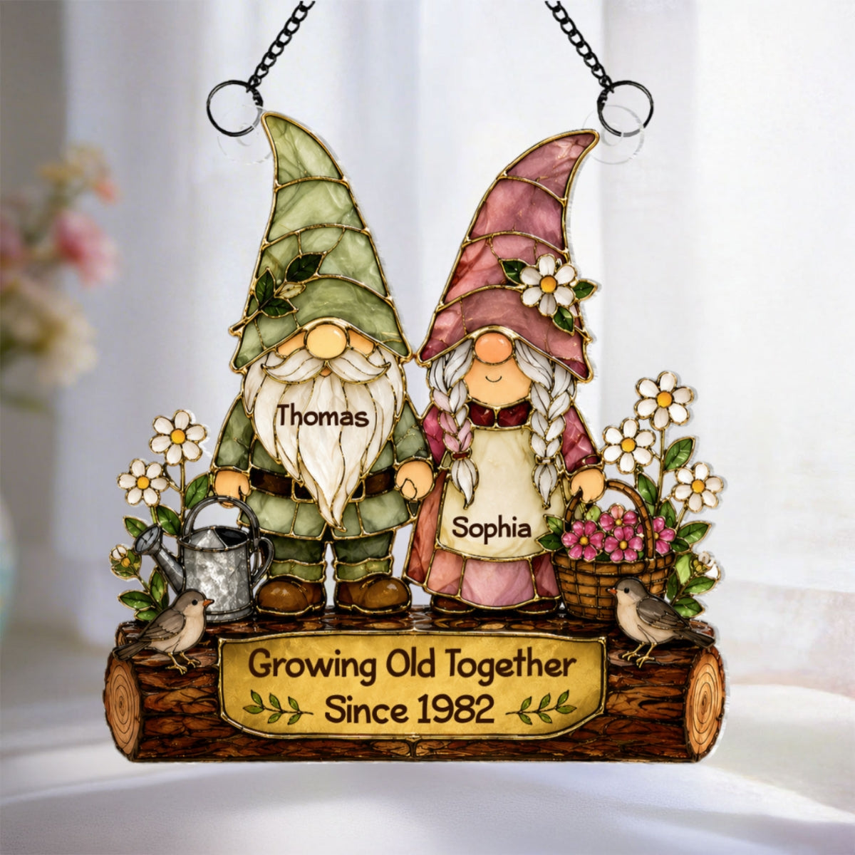 Gnome Couple Growing Old Together 2D Printed - Personalized Acrylic Window Hanger - Gift For Couples