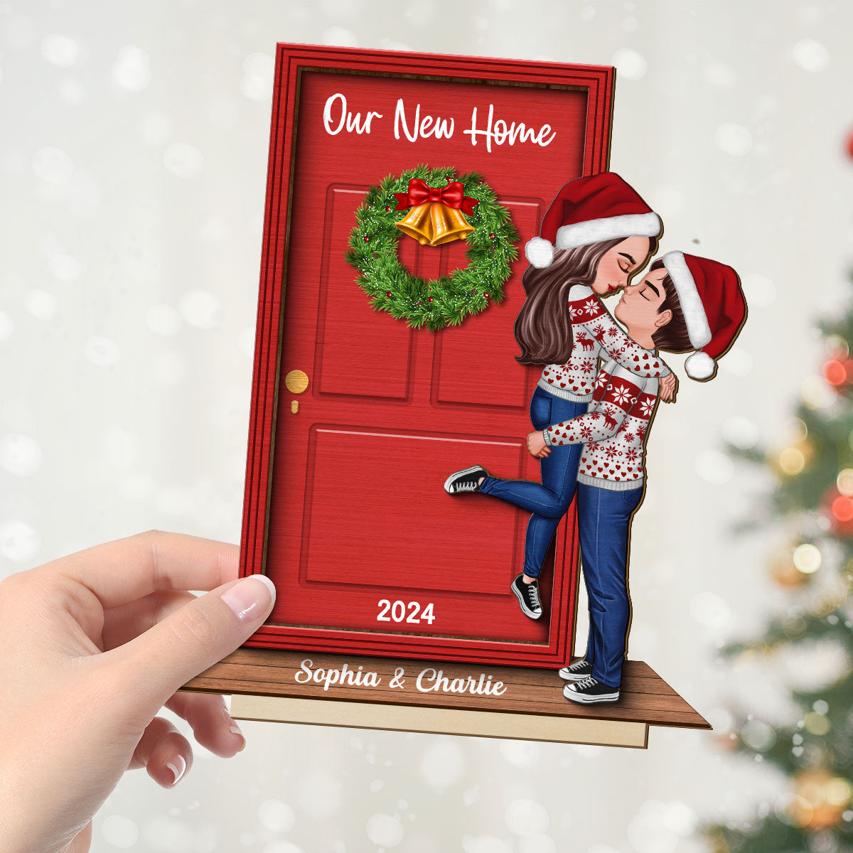 Our New Home Couple Kissing In Front Door Christmas Decor Personalized 2-Layer Standing Wooden Plaque