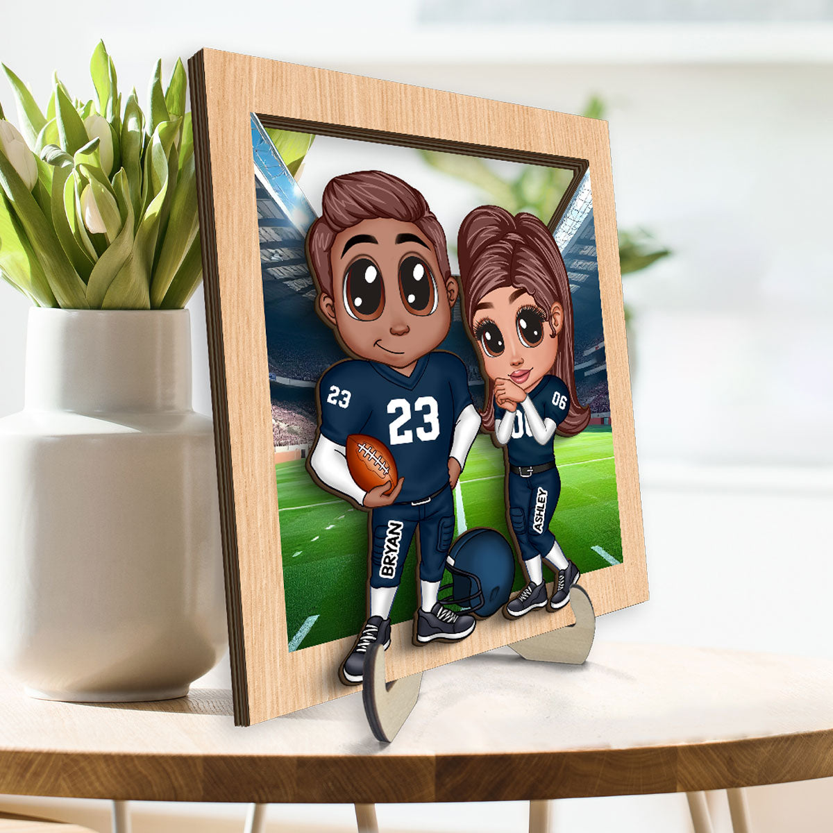 American Football Couple Y2K Style At Field Personalized 2-Layer Wooden Plaque,  Gift for Couples, Gift For Football Fans, Super Bowl 2025