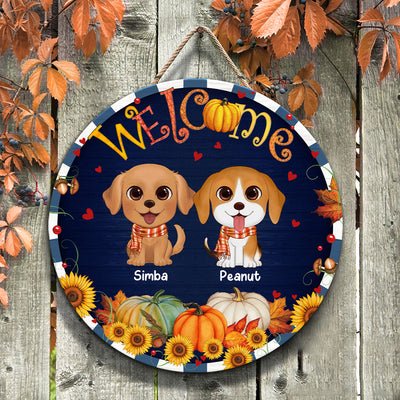 Fall Season Frame Watercolor Cute Dogs Personalized Door Hanger Sign