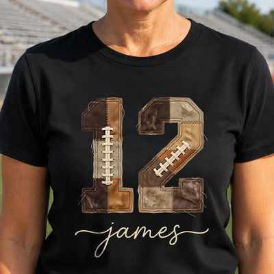 Custom Football Number and Name - Personalized Shirt - Sports Mom Faux Patchwork Tee, Game Day
