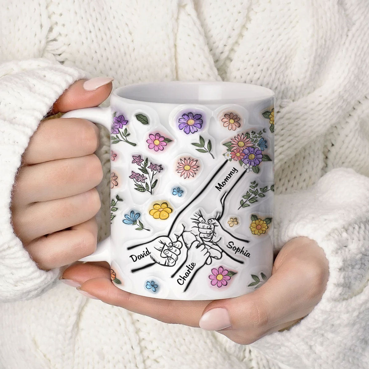 3D Inflated Effect Mother Children Hands Personalized Mug, Heartfelt Gift for Mom
