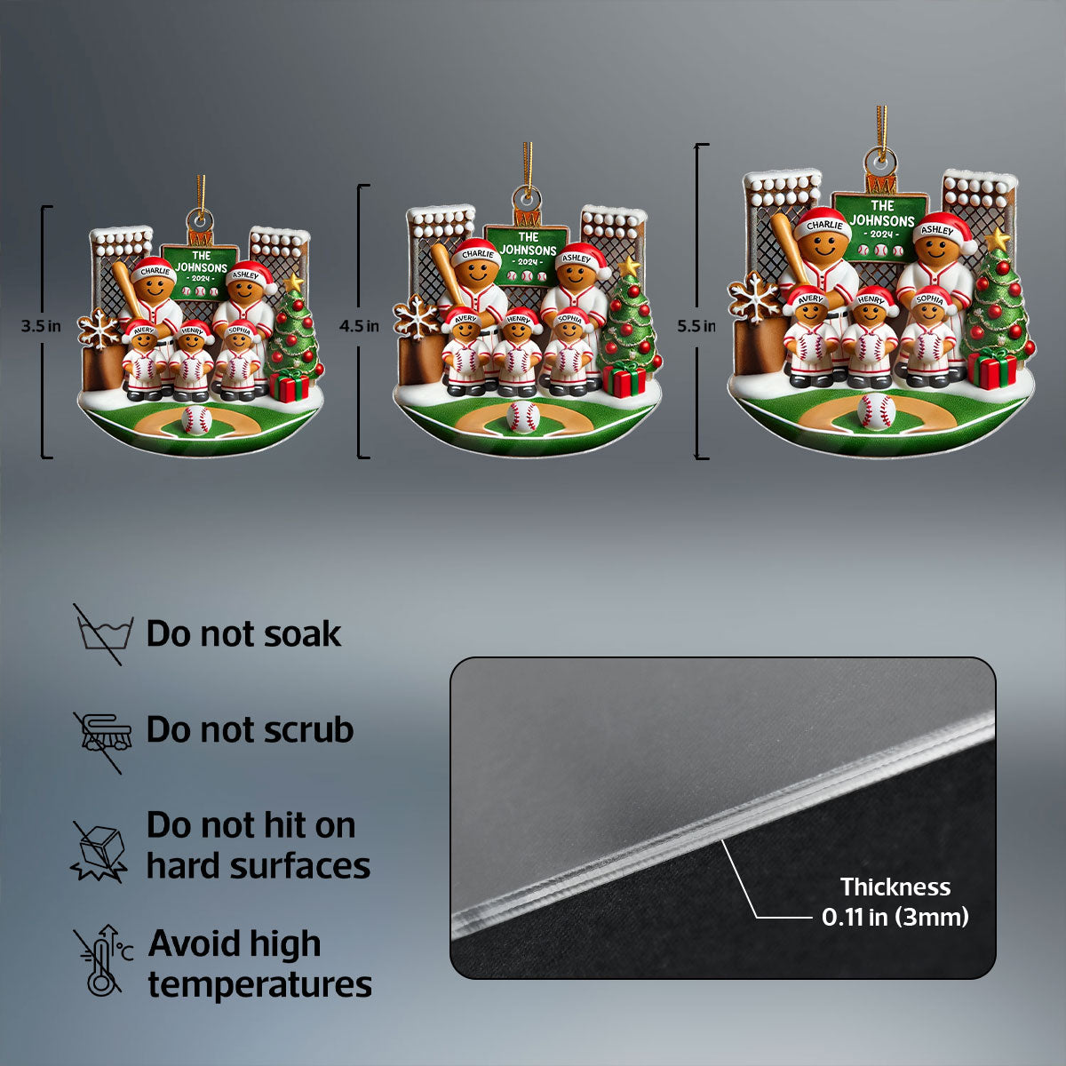 3D Effect Baseball Gingerbread Family On Field Sport Lover - Personalized Acrylic Ornament
