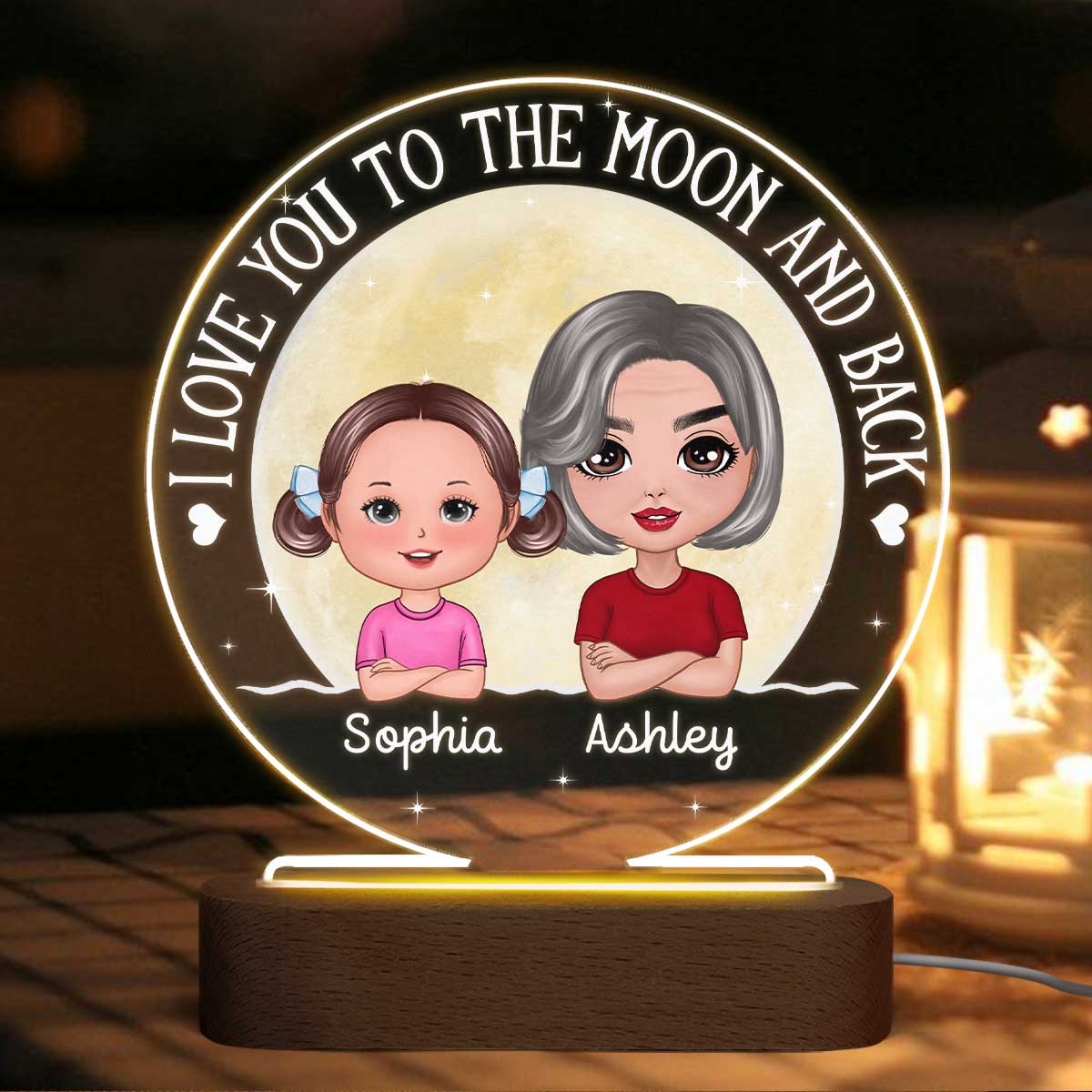 Grandma & Grandkids Love To The Moon Personalized Circle Acrylic Plaque With LED Night Light