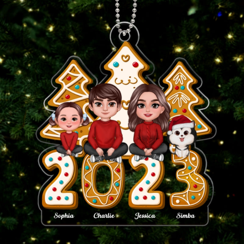 Gingerbread 2023 Family Dad Mom Kids Dogs Cats Crossed Legs Sitting Personalized Acrylic Ornament