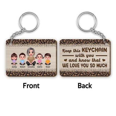 Keep This With You We Love You Leopard Pattern Pretty Grandma & Doll Kids Personalized Wooden Keychain