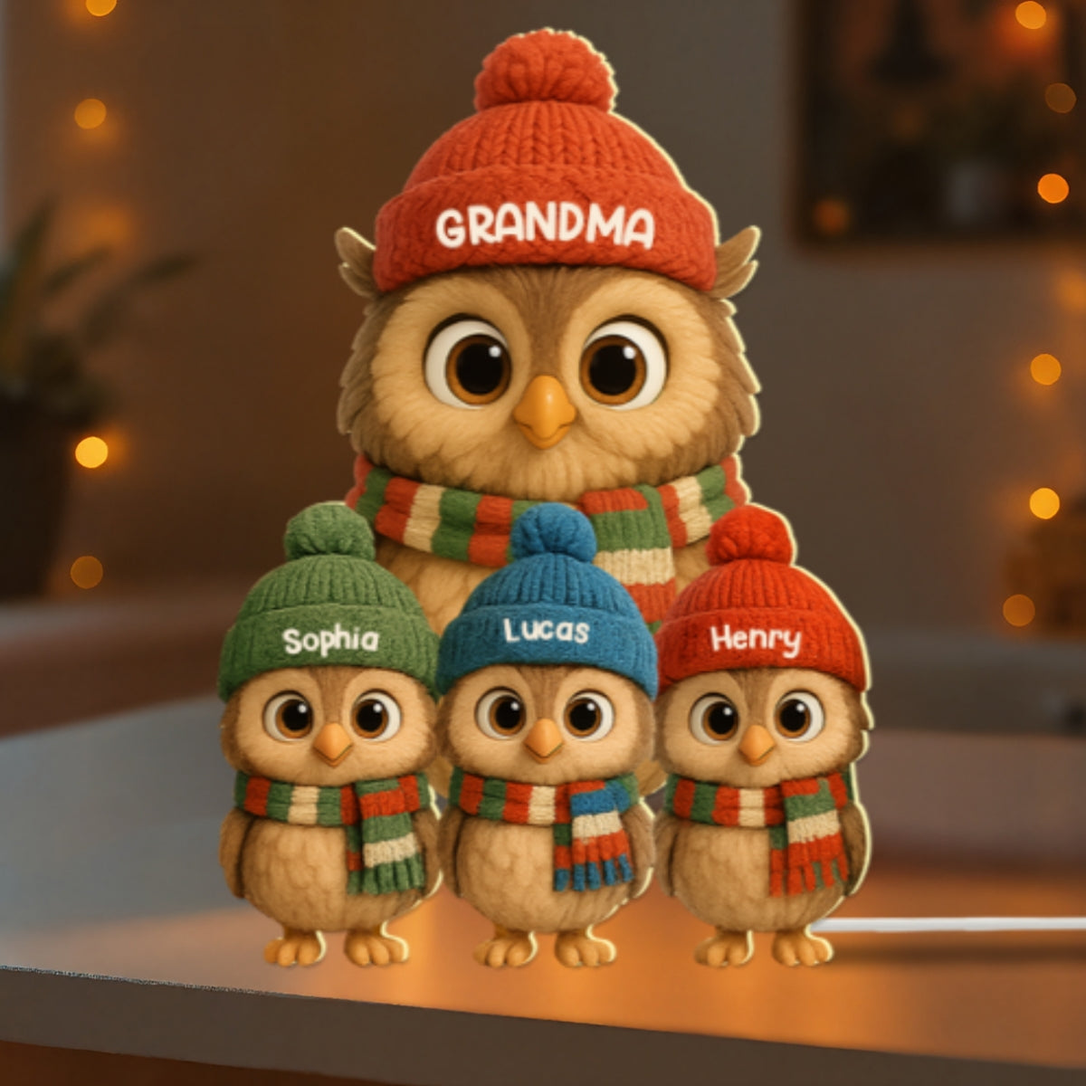 3D Effect Heartwarming Christmas Owls Grandma Grandkids - Personalized Light Box