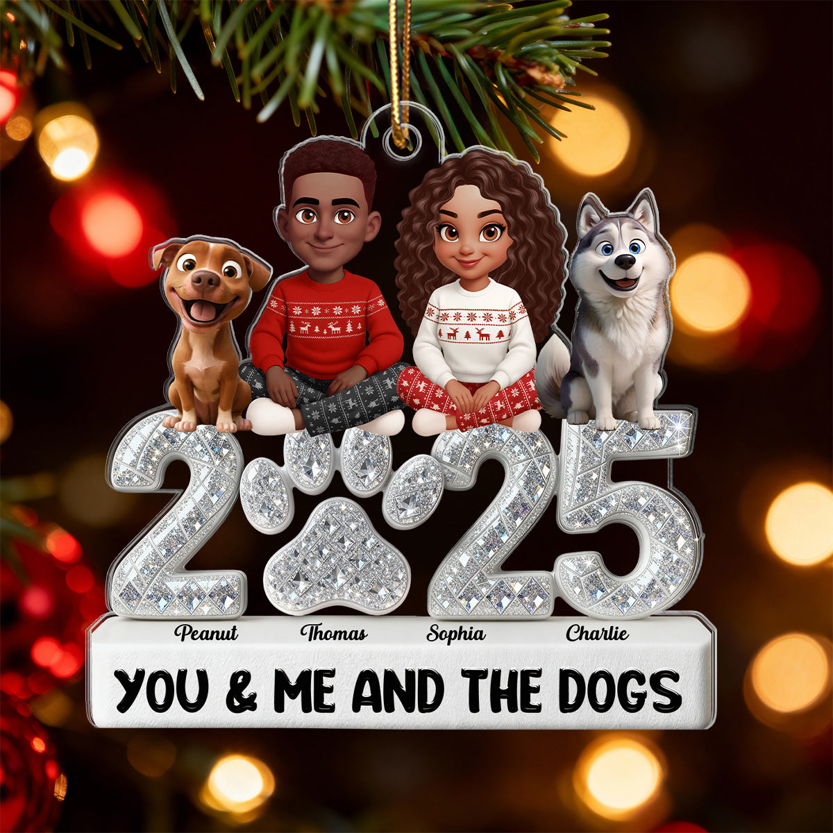3D Shining Effect Christmas Couple You Me And The Dogs - Personalized Acrylic Ornament - Gift For Dog Lovers