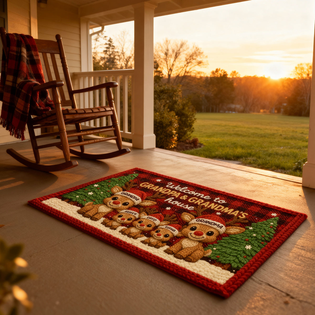 Grandma Grandpa Reindeers Crochet Faux Yarn Texture - Personalized Doormat - Christmas Decoration