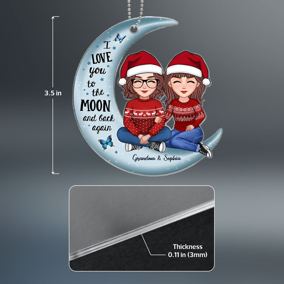 Cute Grandma & Teenage Grandkid Granddaughter Grandson On Moon Personalized Acrylic Ornament