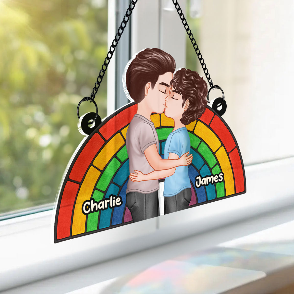 LGBT Flag Rainbow Couple Kissing Personalized Suncatcher