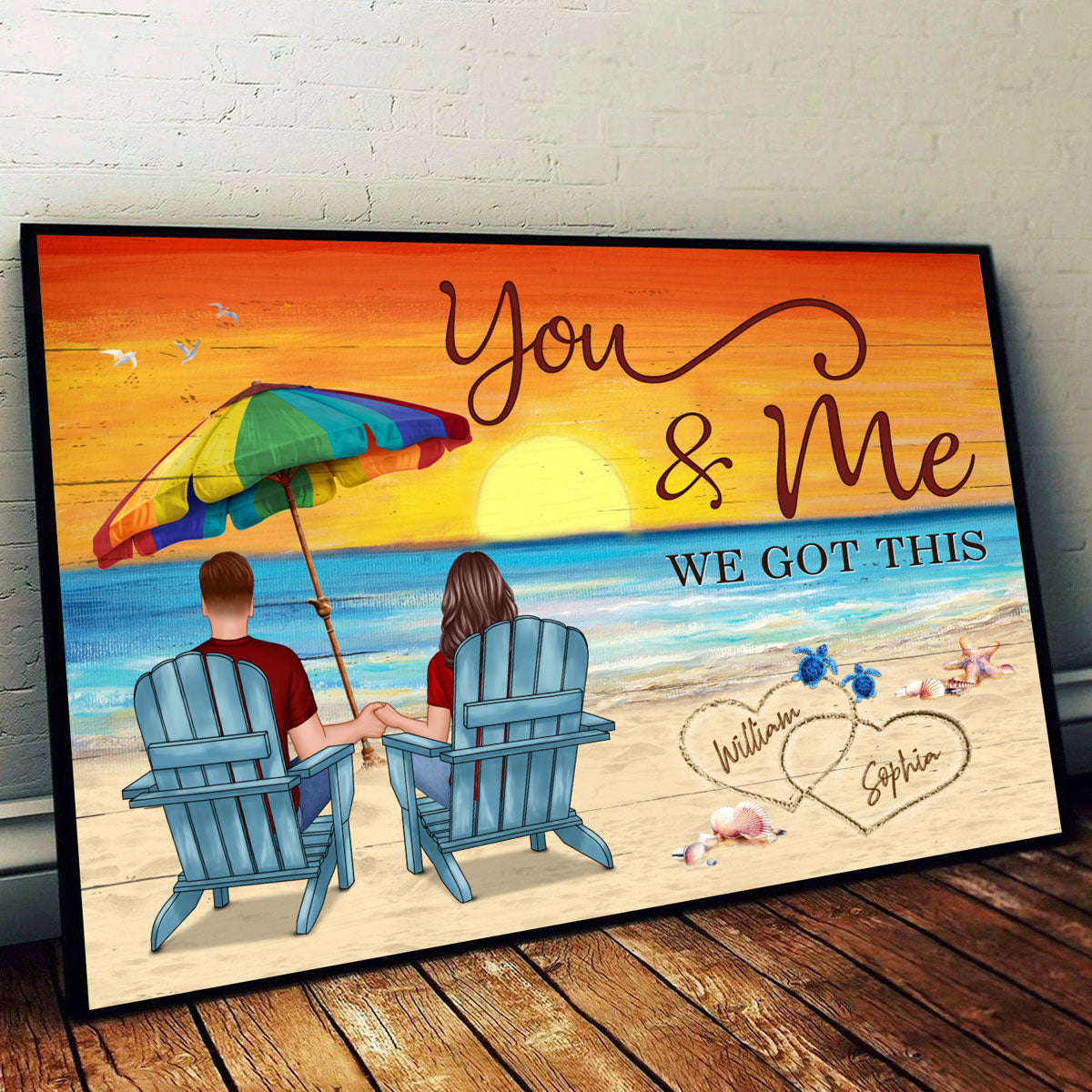 Couple Sitting Back View Under Umbrella Personalized Horizontal Poster