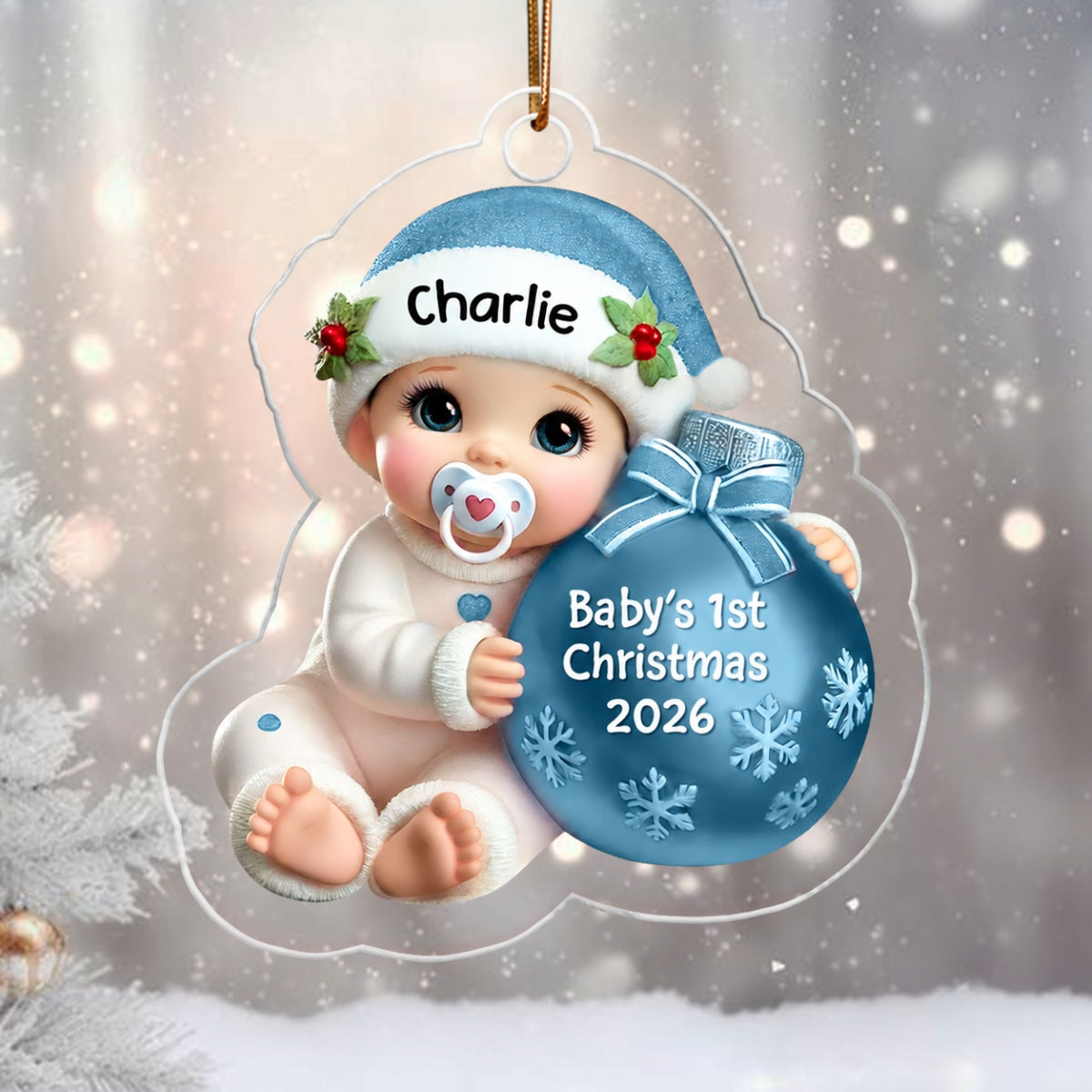 Baby Beside Christmas Bauble 3D Effect Baby's First Christmas Personalized Acrylic Flat Ornament