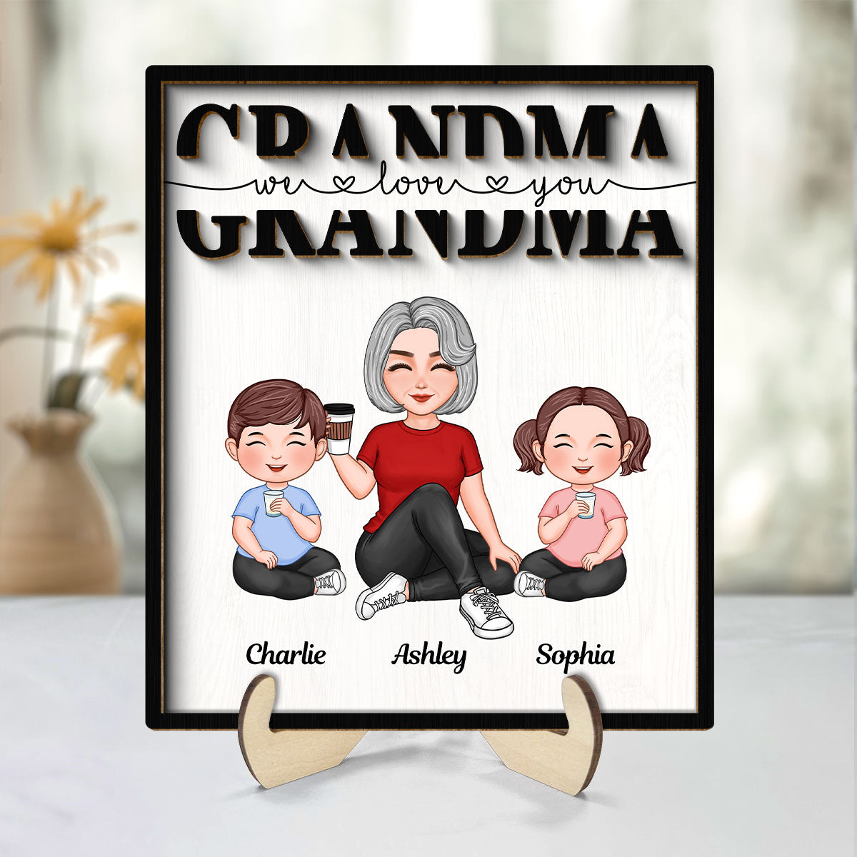 Grandma Mom Auntie Kids Sitting We Love You Mother‘s Day Gift Personalized 2-Layer Wooden Plaque