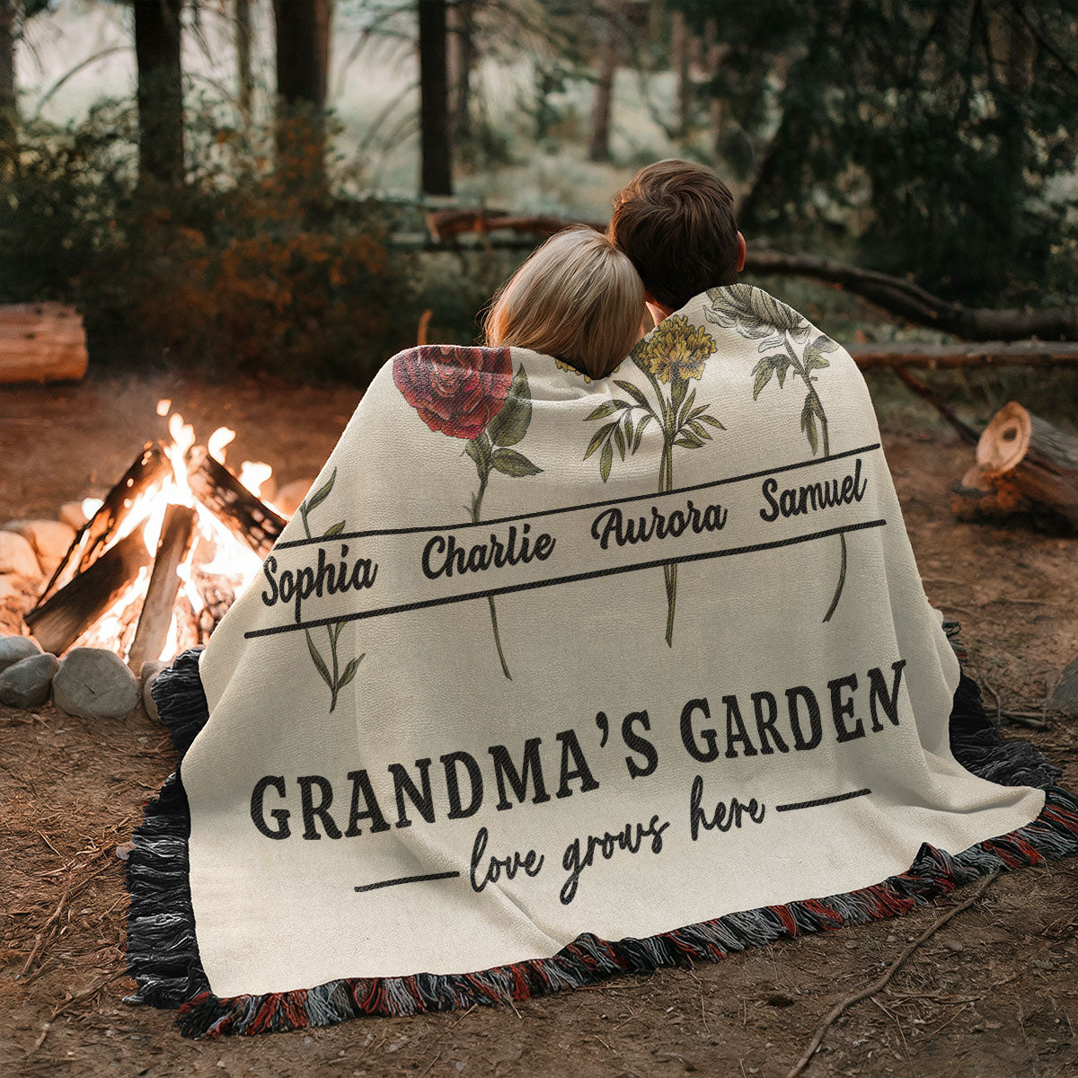 Grandma's Garden Love Grows Here Beautiful Vintage Birth Month Flowers Personalized Tapestry Woven Blanket