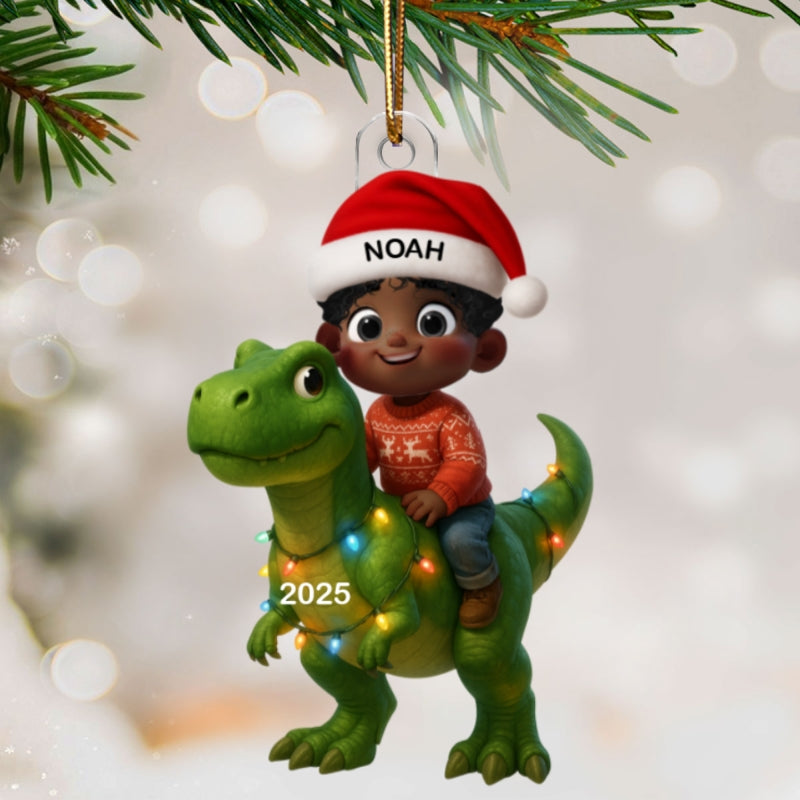 3D Effect Cute Cartoon Kid Boy And Girl With Dinosaur Christmas Personalized Flat Acrylic Ornament, Unique Gift For Kids, Grandkids