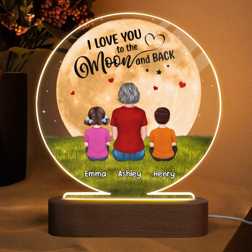 Grandma Mom I Love You To The Moon And Back Back View Woman Sitting With Kids Dogs Cats Personalized Circle Acrylic Plaque LED Night Light