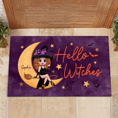 Hello Witches Doll Sitting Personalized Doormat, Gift For Girl, Woman