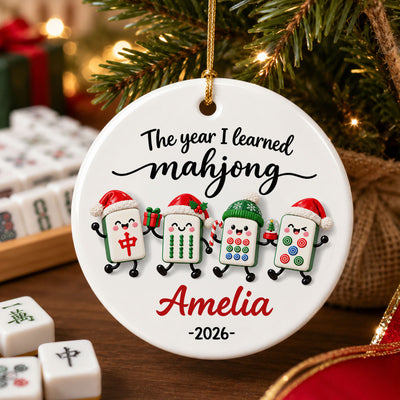 The Year I Learned Mahjong 2D Flat - Personalized Ceramic Ornament - Custom Name Christmas Gift For Mahjong Lovers