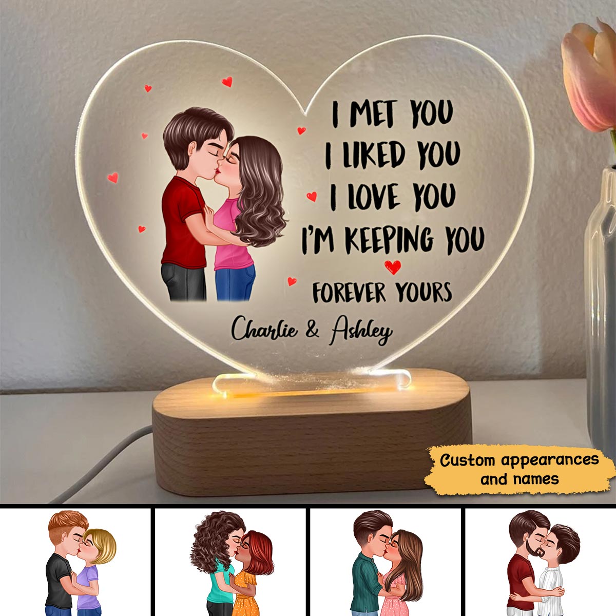Doll Couple Kissing - Personalized Acrylic Block Plaque LED Night Light - Anniversary Gift For Him, Gift For Her