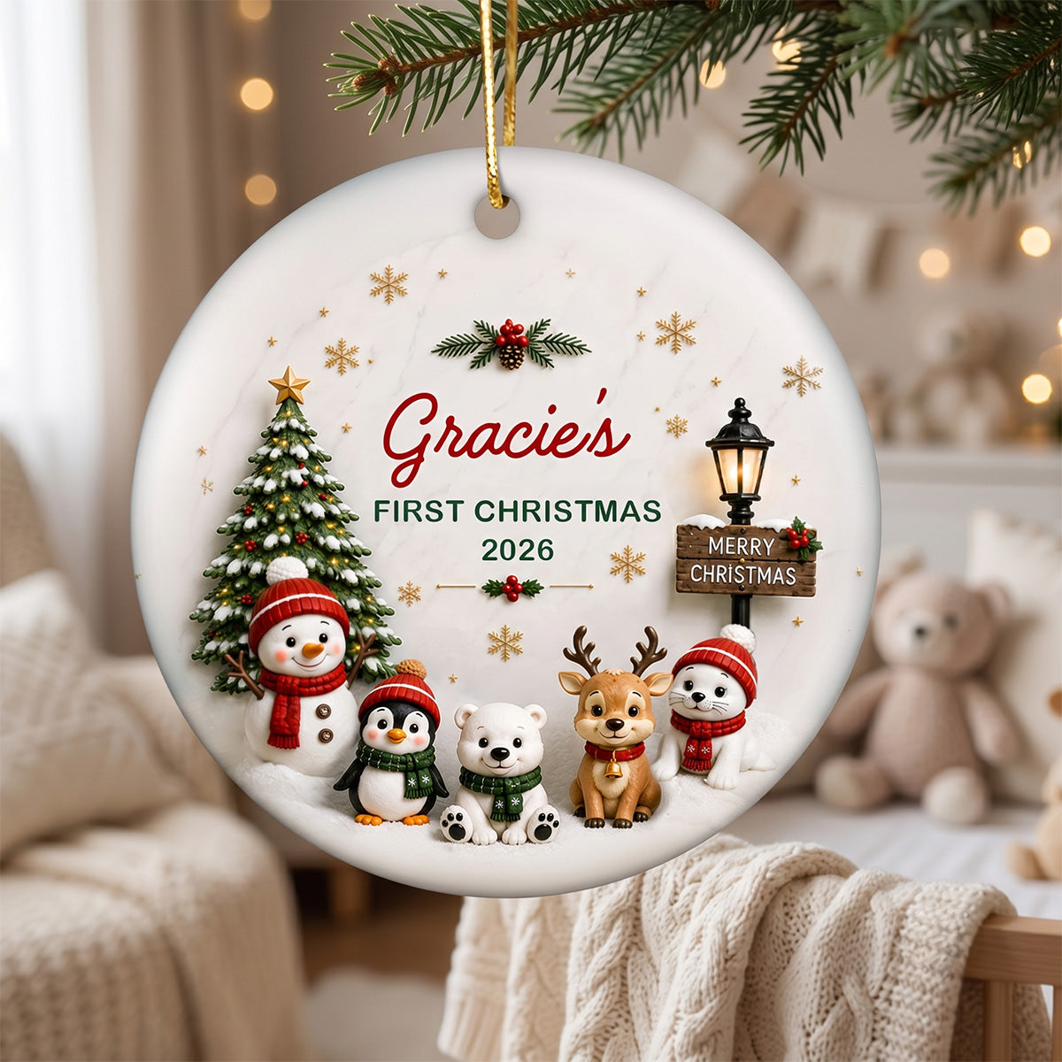 Cute Winter Friends Baby’s First Christmas - Personalized Ceramic 2026 Ornament – Christmas Keepsake