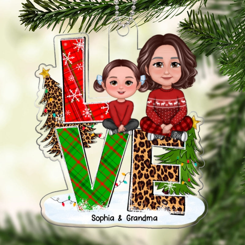LOVE Christmas Pattern Stacked Grandma Grandkid Sitting Personalized Acrylic Ornament