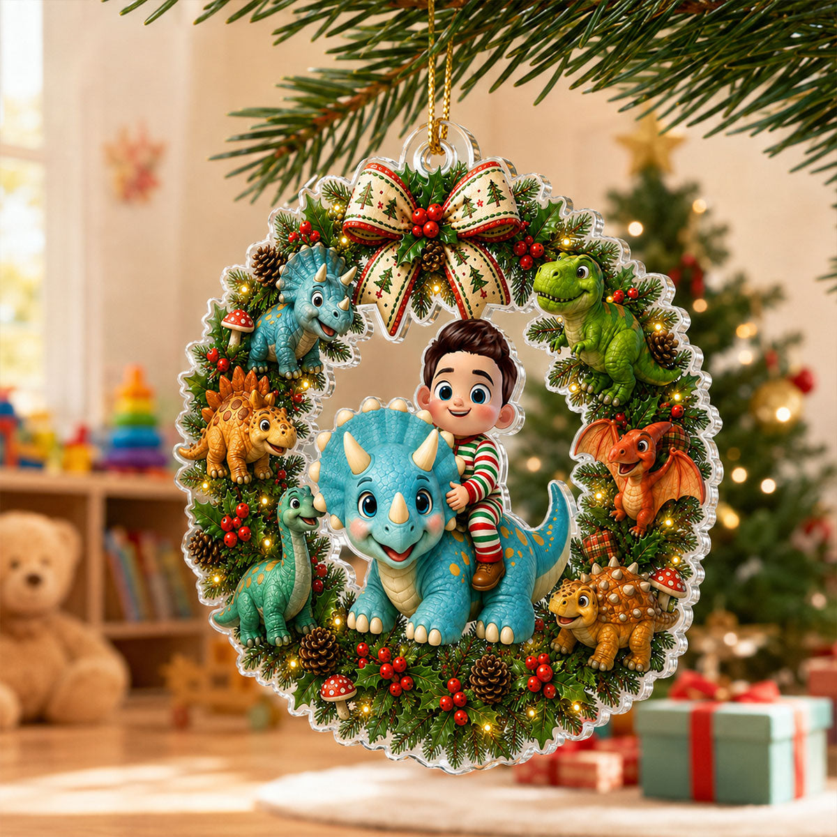 Trending Cute Cartoon Kid With Dinosaur - Personalized Acrylic Ornament - Christmas Gift For Boys, Girls