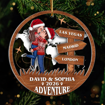 Adventure Kissing Couple Personalized 2-Layer Acrylic Ornament, Christmas Gift For Couple, Gift For Travelers
