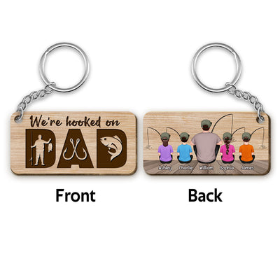 Hooked On Dad Fishing Back View Man Kids Personalized Wooden Keychain