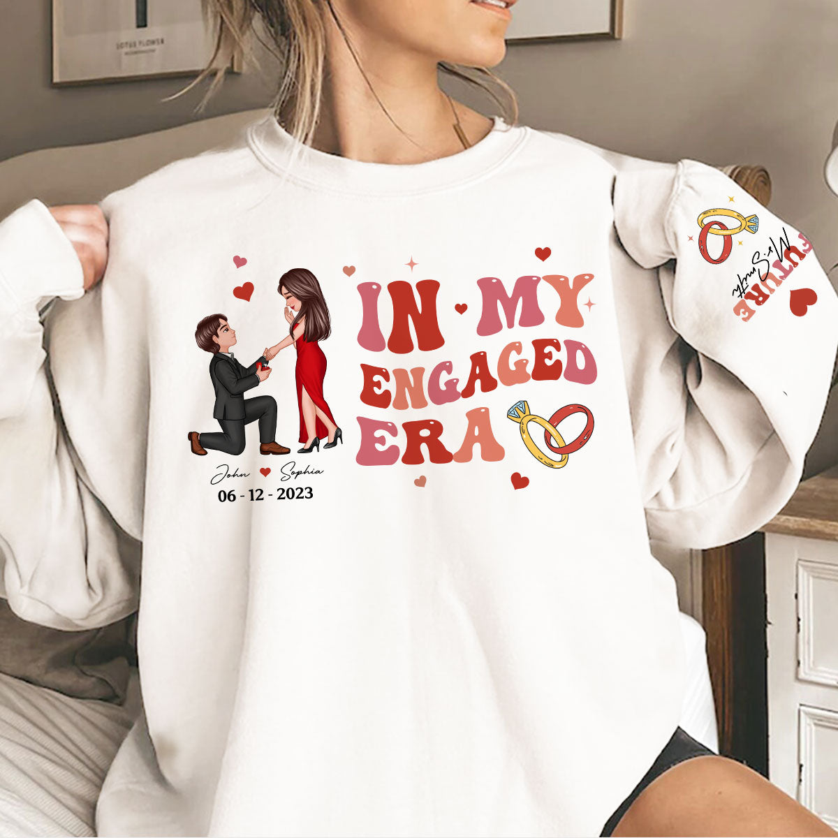 In My Engaged Era Proposing Couple Personalized Sleeved Printed Sweatshirt,  Gift, Engagement Gift For Her, Gift For The Bride-To-Be