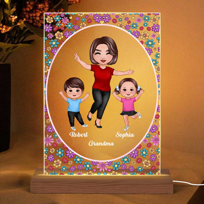 Happy Doll Grandma Kids Flowers Frame Personalized Rectangle Acrylic LED Night Light