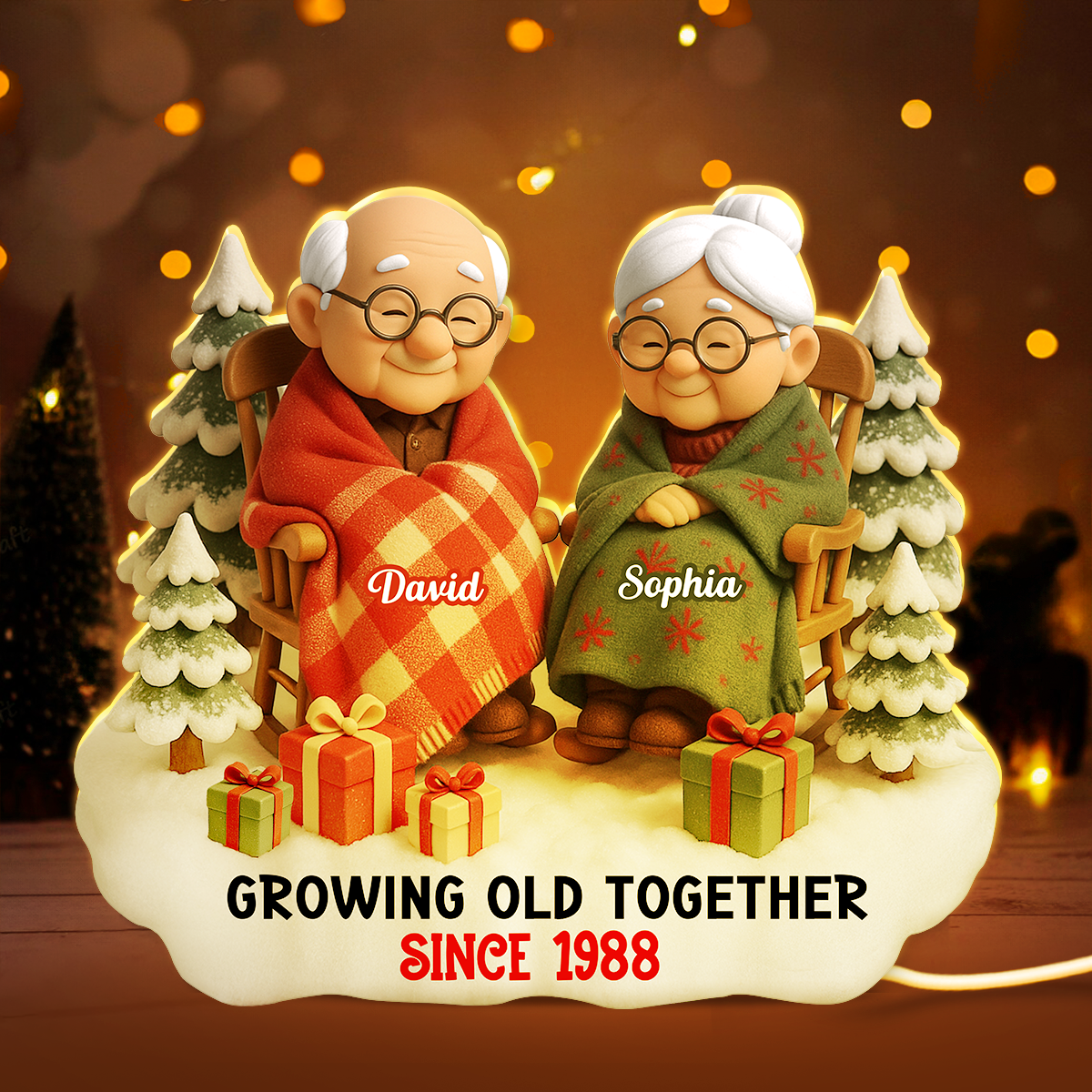 Cozy Elderly Couple Sitting Together - Personalized Light Box - Heartwarming Christmas Gift for him, Gift for her
