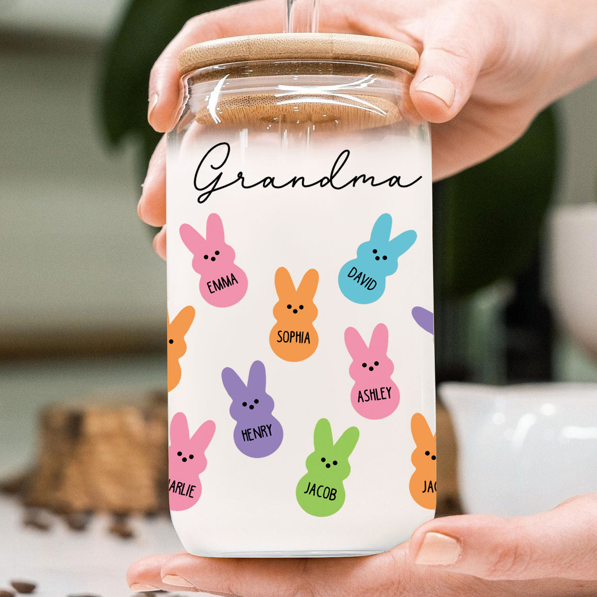 Grandma Mom Auntie Bunnies Easter Gift Personalized Clear Glass Can