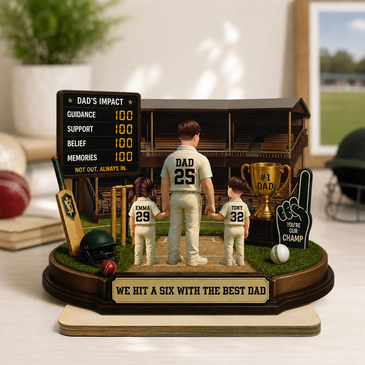 Hit A Six With The Best Dad Cricket Dad - Personalised 2-Layered Wooden Plaque - Father's Day Gift For Husband, Dad