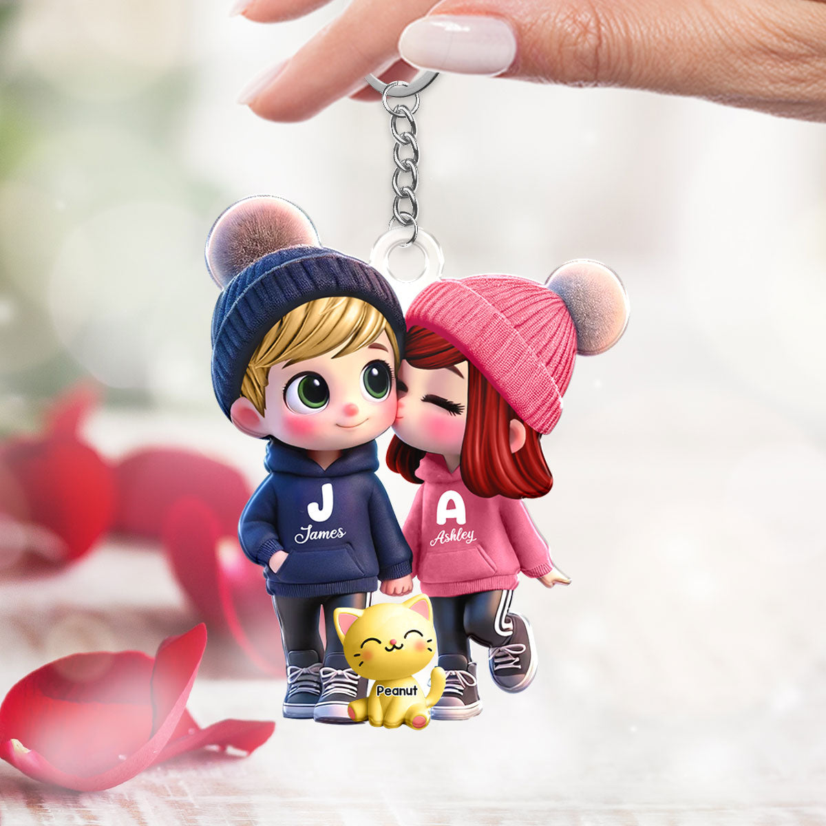 3D Effect Cute Cartoon Couple You Me And The Dog Cat Personalized Acrylic Keychain,  Unique Valentine's Day Gift For Him, Gift For Her