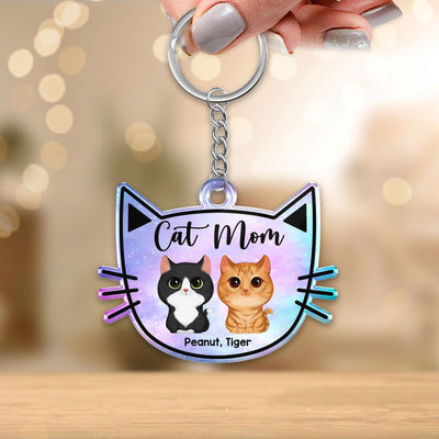 Galaxy Cat Mom Watercolor Cute Cats Cat Face Shape Personalized Acrylic Keychain