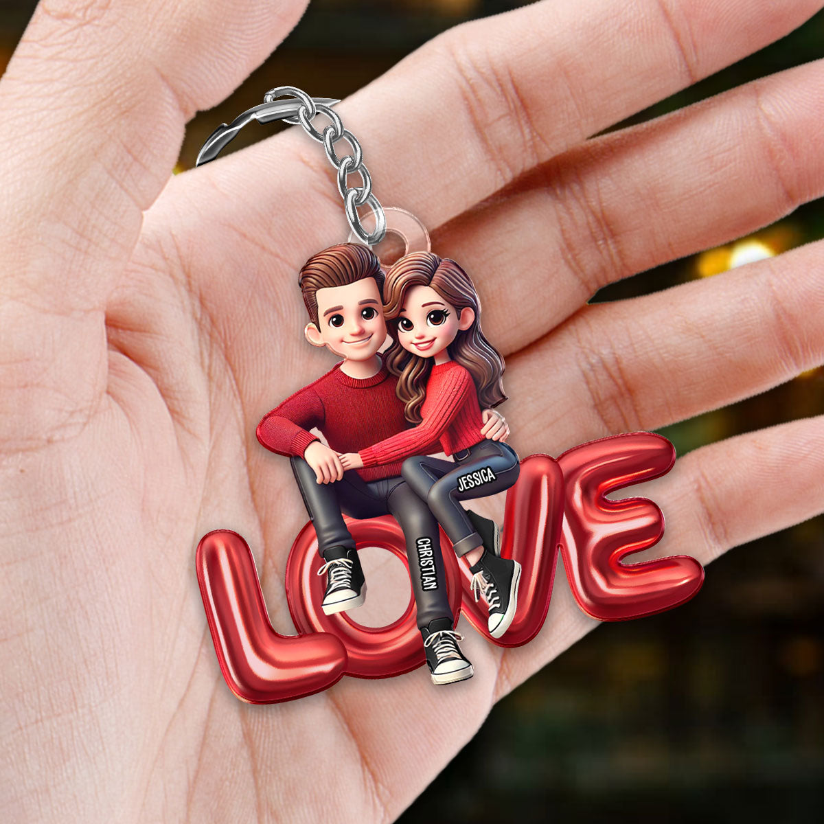 3D Effect Couple Sitting On LOVE Personalized Acrylic Keychain,  gift, Anniversary Gift for Couples