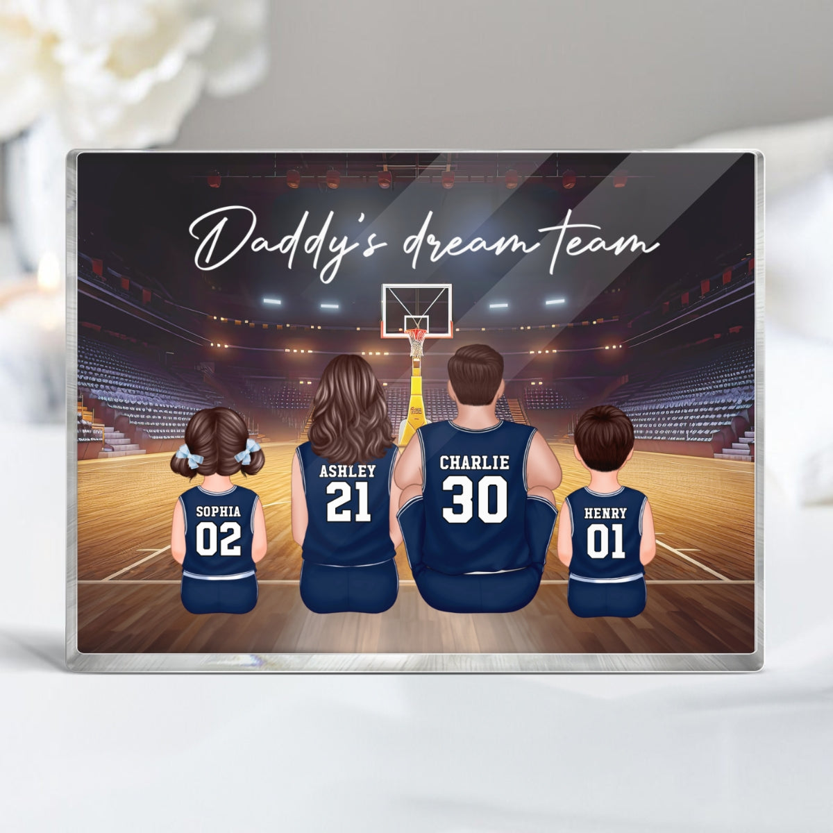 Daddy's Team Basketball Family Sitting Personalized Acrylic Block, Unique Father's Day Gift for Dad, Gift for Husband