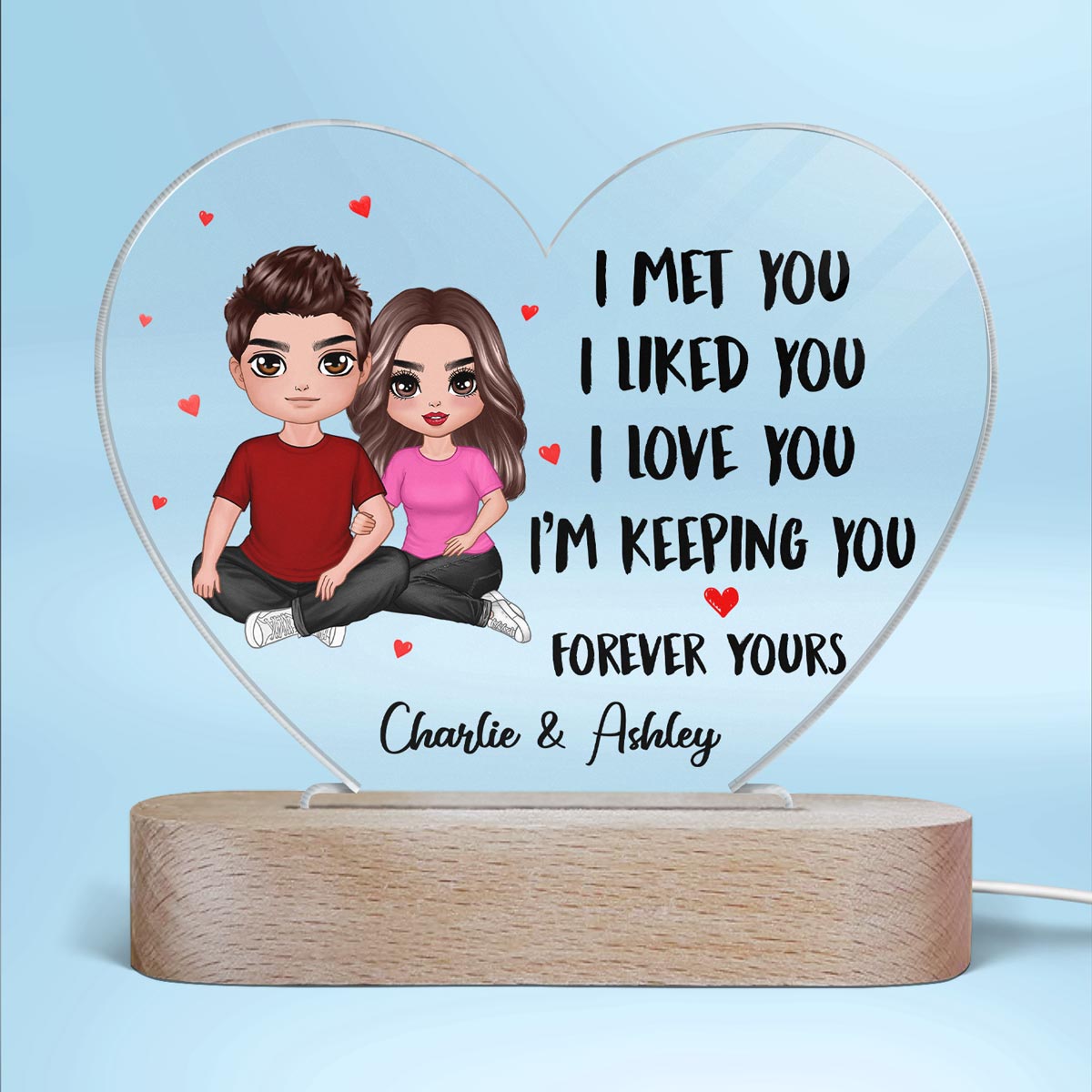 Embracing Doll Couple Sitting I Met You Gift For Him For Her Personalized Acrylic Heart Plaque LED Night Light