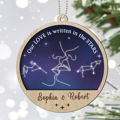Couple Kissing Outline Zodiac Galaxy Sky Personalized 2-Layer Wooden Ornament