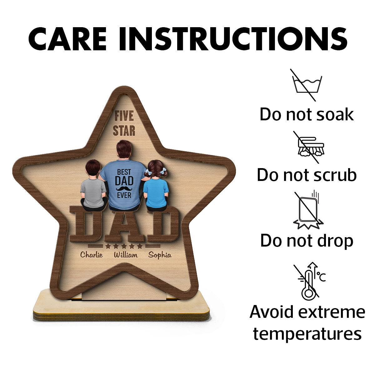 Five - Star Dad Back View Dad And Kids Personalized 2-Layer Standing Wooden Plaque