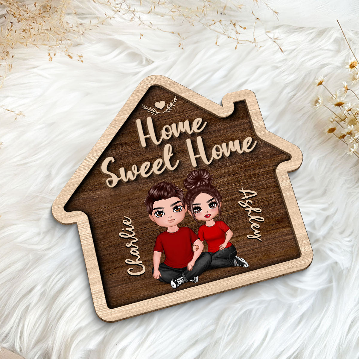 Home Sweet Home Couple Sitting House Shaped Personalized 2-layer Wooden Plaque