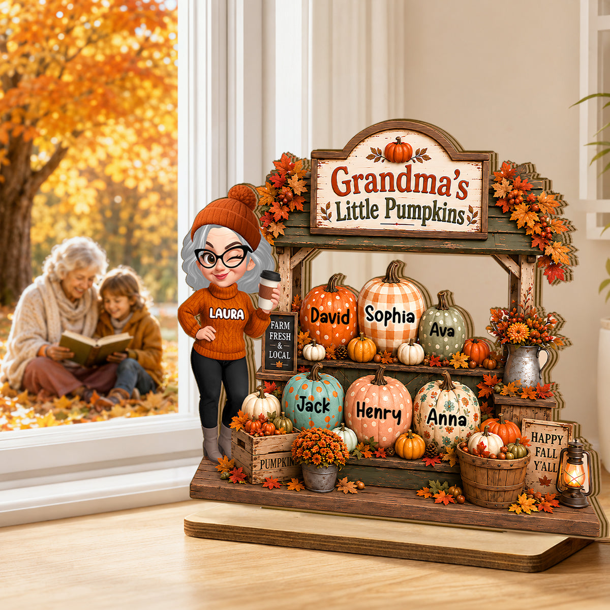 Rustic Fall Shelf Sitter Grandma - Personalized 2-Layered Wooden Plaque - Fall Season Decor Gift, Gift For Grandma