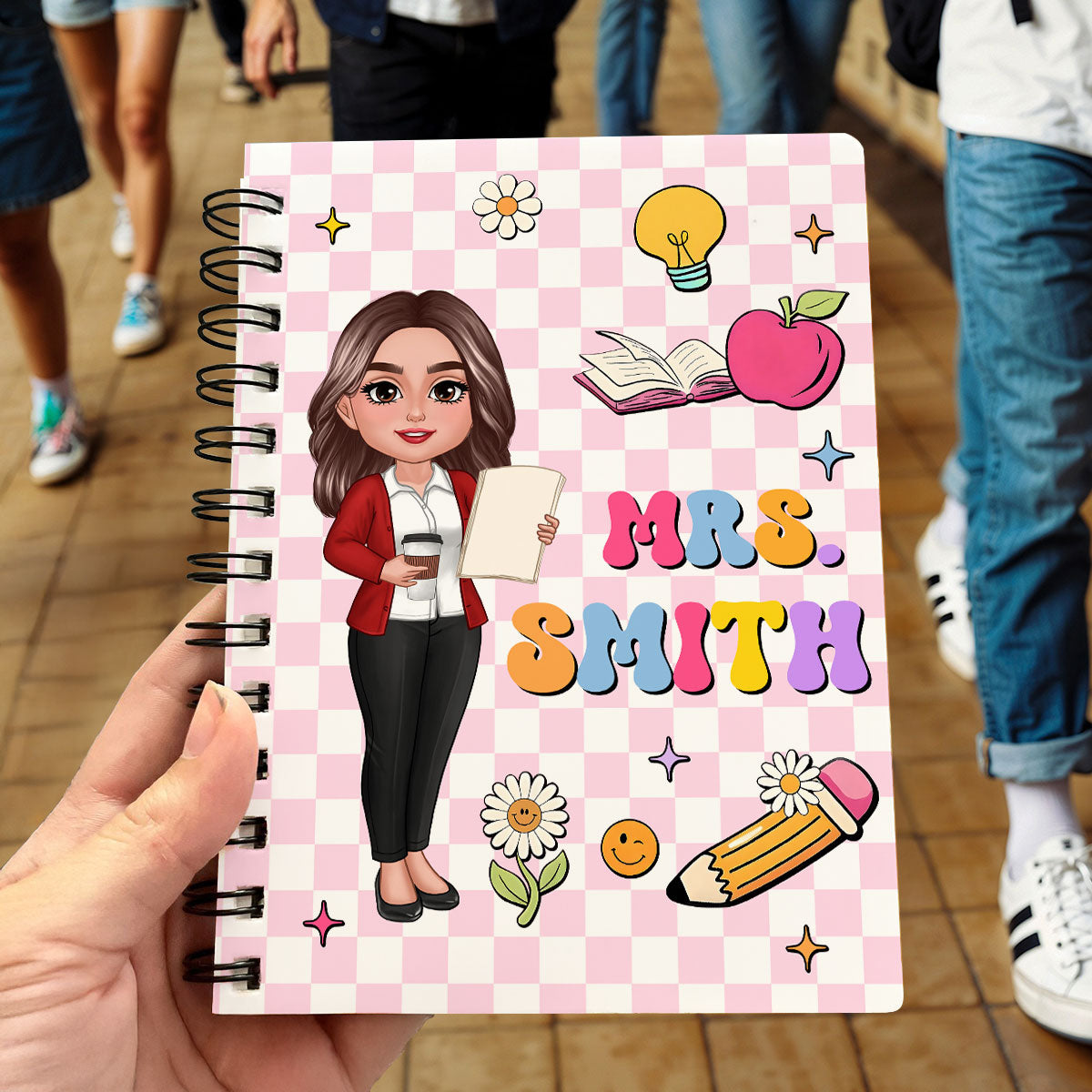 Groovy School Things Teacher Name Personalized Spiral Notebook Journal, Back To School Stationery